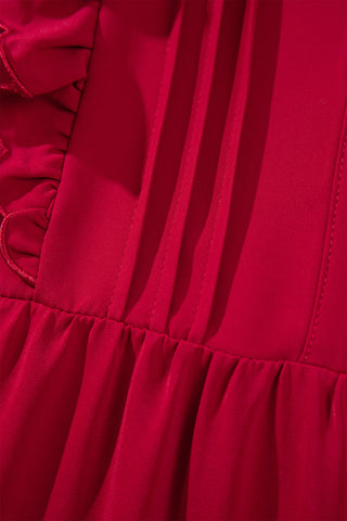 Racing Red Solid Color Ruffle Trim Long Sleeve Tiered Shift Midi Dress