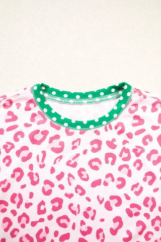 Pink Leopard Polka Dot Colorblock Trim Long Sleeve Top