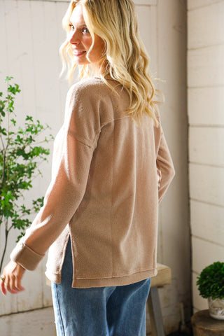 Casual Living Brown Henley Cuff Sleeve Side Slit Pullover