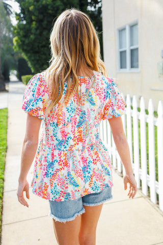 Perfect Find Ivory Floral Leaf Print Short Sleeve Babydoll Top