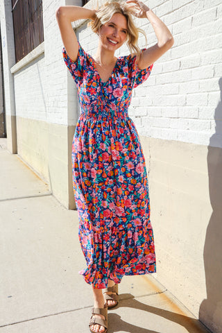 Find Love Blue Floral Raglan Puff Sleeves V Neck Smocked Waist Maxi