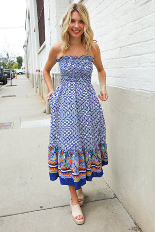 Follow Me Navy Boho Print Smocked Shoulder Tie Border Hem Dress
