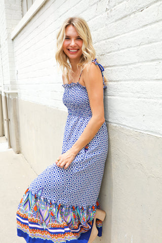 Follow Me Navy Boho Print Smocked Shoulder Tie Border Hem Dress