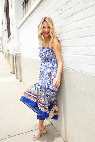 Follow Me Navy Boho Print Smocked Shoulder Tie Border Hem Dress