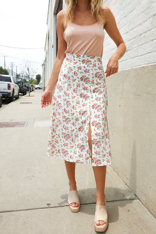 Put Together Ivory Front Slit Floral Print Lined Midi Skirt