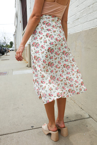 Put Together Ivory Front Slit Floral Print Lined Midi Skirt