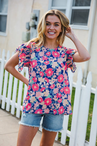 Vacay Ready Blue & Fuchsia Floral Smocked Ruffle Sleeve Top