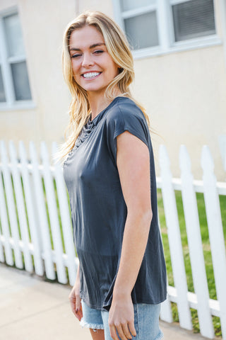 Charming In Charcoal Asymmetrical Shirred Modal Top