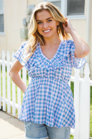 Hello Beautiful Blue Plaid V Neck Ruffle Elastic Babydoll Top