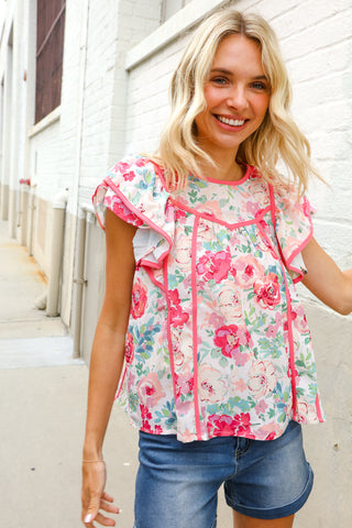 Southern Nights Pink Contrast Binding Floral Flutter Sleeve Top