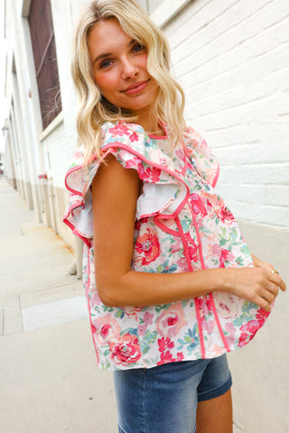 Southern Nights Pink Contrast Binding Floral Flutter Sleeve Top
