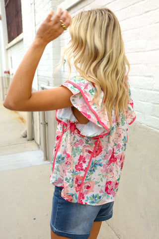 Southern Nights Pink Contrast Binding Floral Flutter Sleeve Top