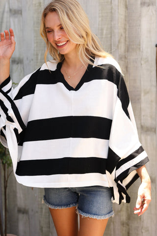 The Traveler Black/White Stripe Dolman Notch Neck Sweater Poncho