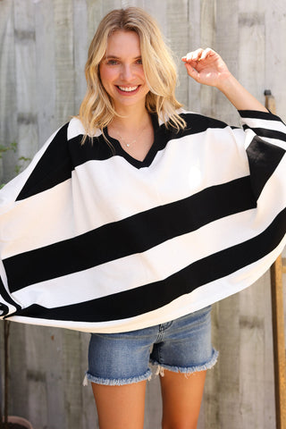 The Traveler Black/White Stripe Dolman Notch Neck Sweater Poncho