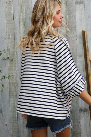 Casual Chic Cotton Navy & Cream Stripe Raglan 3/4 Sleeve Pullover