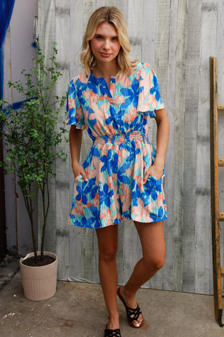 Feeling Bold 綠松石花卉圖案褶皺腰部荷葉袖連身衣