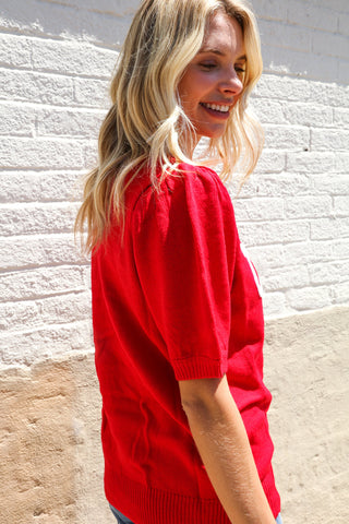 愛國美國紅色針織刺繡泡泡袖毛衣