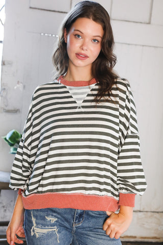 A Stripe Story Rust Crew Neck Pullover