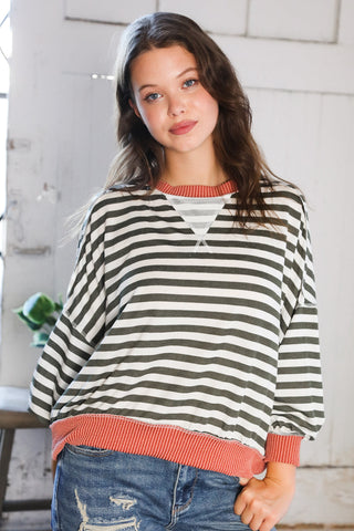A Stripe Story Rust Crew Neck Pullover