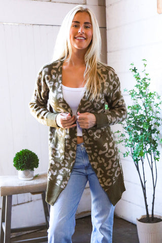 Lounging in Leopard Olive Cardigan