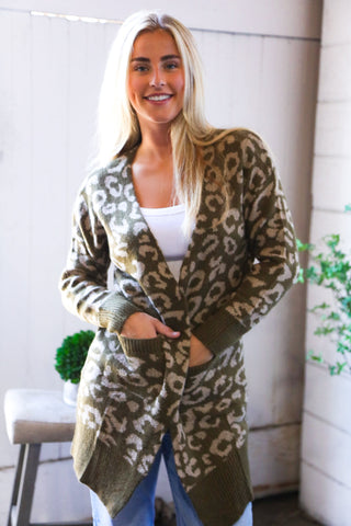 Lounging in Leopard Olive Cardigan
