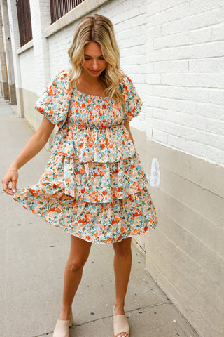 Find Love Floral Print Smocked Neck Puff Sleeve Ruffle Tiered Dress