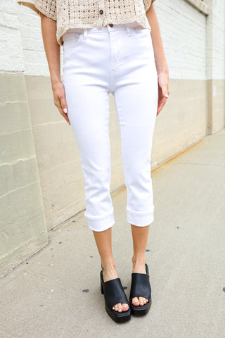 Judy Blue White Midrise Cuffed Hem Skinny Fit Capris