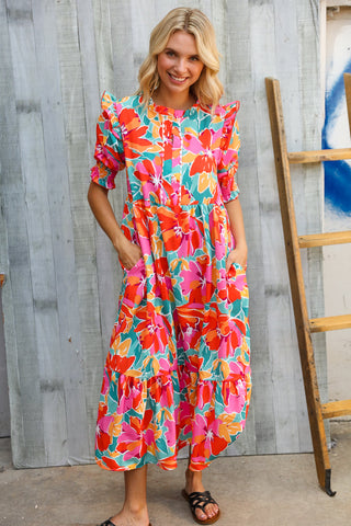 橙色和水藍色花卉圖案褶皺V領中長連身裙