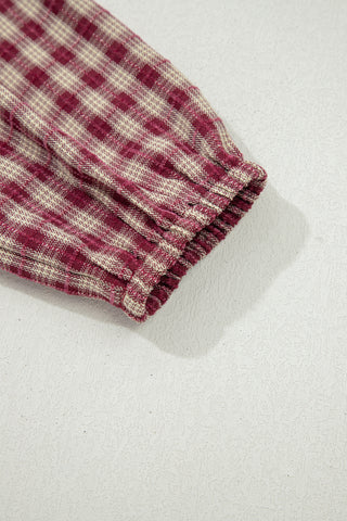Coral Country Plaid Long Sleeve Button Keyhole Pleated Loose Blouse