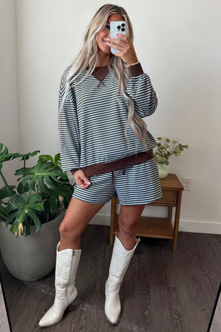 Blue Stripe Oversized Long Sleeve Top Drawstring Loose Shorts 2pcs Set
