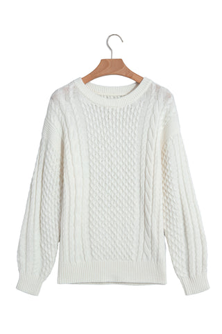Beige Solid Color Cable Detail Knit Loose Round Neck Sweater