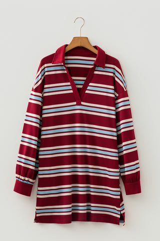 Red Stripe Retro Polo Collar Long Sleeve T Shirt Shift Mini Dress