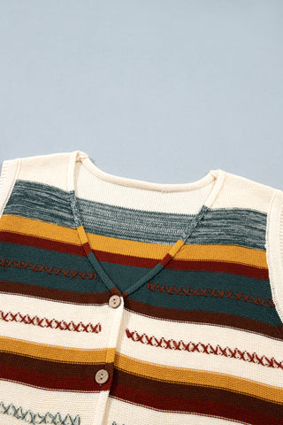 Multicolour Striped Button Front Sleeveless Knit Regular Fit Sweater Vest