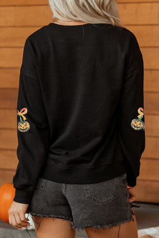Black Halloween Sequin Pumpkin Graphic Relaxed Pullover Sweatshirt