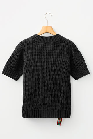 Black Plaid Lace up Detail Christmas Holiday Puff Short Sleeve Sweater