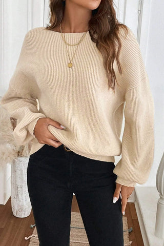 Black Ribbed Knit Ribbon Knot Backless Drop Shoulder Sweater