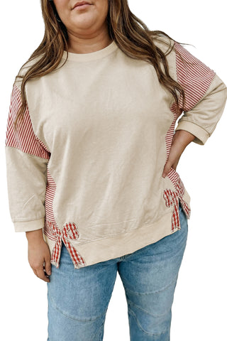 Parchment Striped Colorblock Patchwork Bow Detail Bracelet Sleeve Plus Size Top