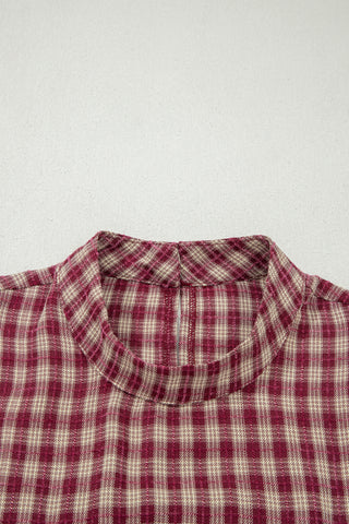 Coral Country Plaid Long Sleeve Button Keyhole Pleated Loose Blouse