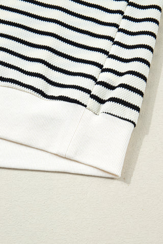 White Stripe Ruffle Trim Drop Shoulder Top Drawstring Loose Pant Set