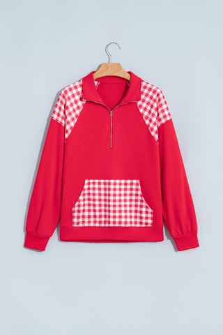 Navy Blue Patchwork Plaid Pocket Quarter Zip Sweatshirt