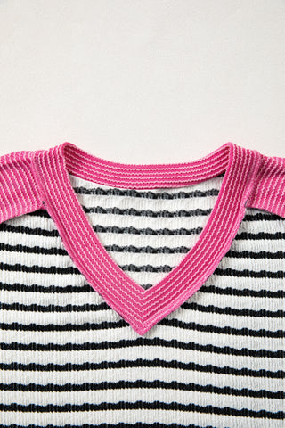 Black Stripe Textured Knit Twisted Rib Contrast Patchwork V Neck Long Sleeve Top