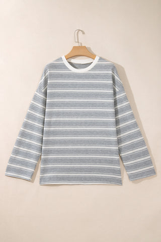 Gray Stripe Long Sleeve Round Neck Tunic Top