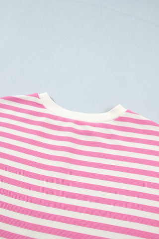Pink Striped Long Sleeve Crew Neck Drawstring Waist Shorts Set