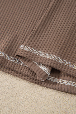 Dark Khaki V Neck Ribbed Stitched Detail Long Sleeve Top