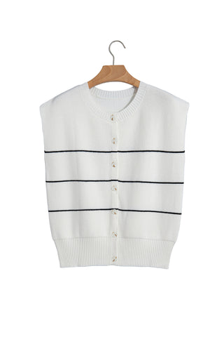 White Stripe Short Sleeve Button Front Shift Cardigan
