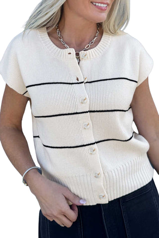 White Stripe Short Sleeve Button Front Shift Cardigan