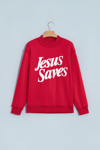 Fiery Red Jesus Saves Slogan Print Stand Neck Baggy Sweatshirt