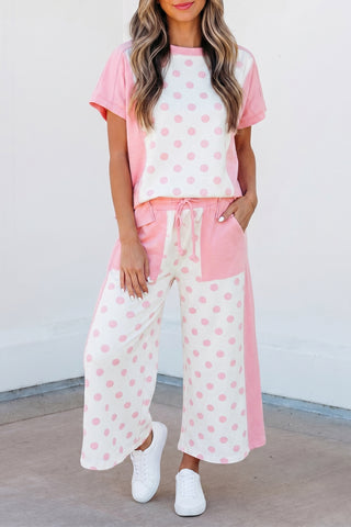 Green Color Block Patchwork Polka Dot Wide Leg Pant Set