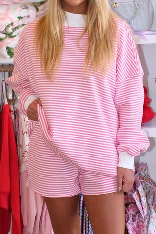 Green Stripe Oversize Mock Neck Sweatshirt and Shorts Set