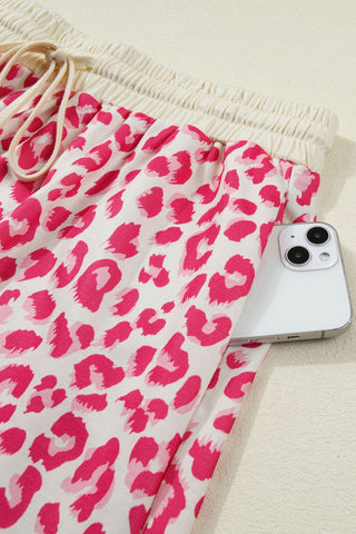 Rose V Neck Collar Leopard Printed 2pcs Short Set